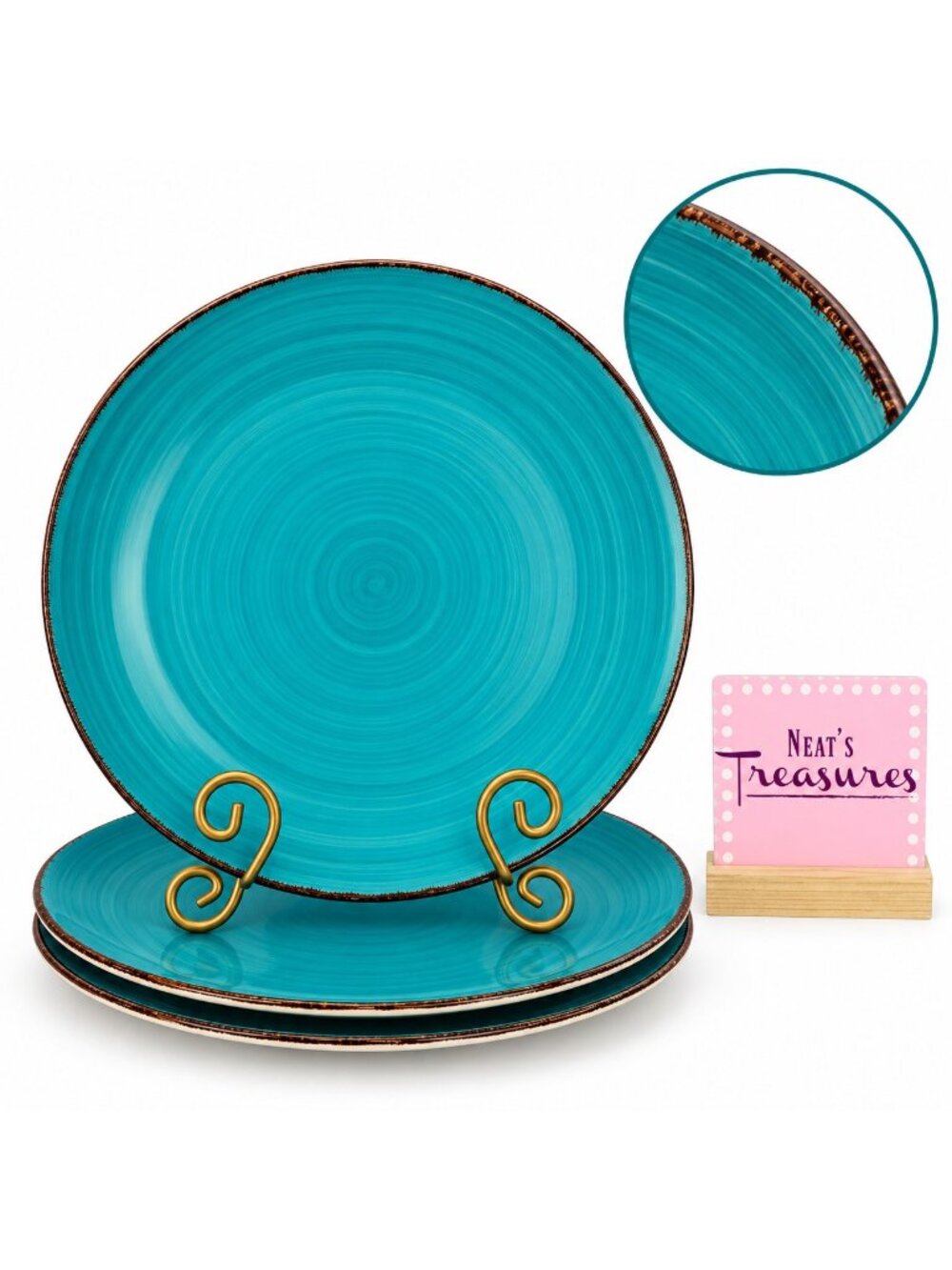 Royal Norfolk RN118 Turquoise Swirl Brown Trim Stoneware Dinner Plates Set 3